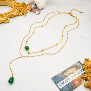 Double Layer Stainless Steel Necklace 18k Gold Plated Green Agate Pendant Necklace Niche Design Elegant Jewelry For Women