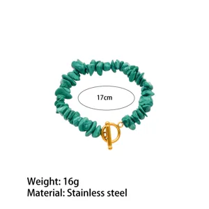 Detail shot of green irregular stone bracelet with gold OT clasp, stainless steel material.