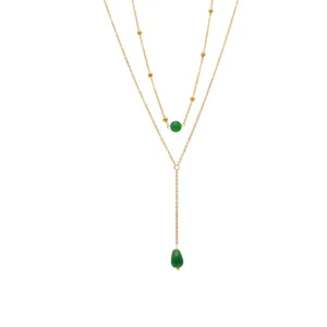 Double layer gold plated stainless steel necklace with green agate pendants, chic.