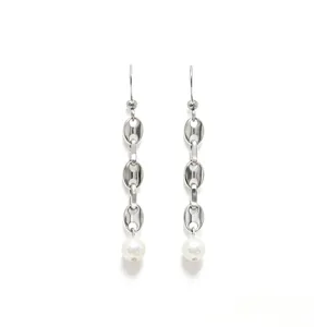 Stainless steel chain drop earrings with white pearls, elegant minimalist design for women.