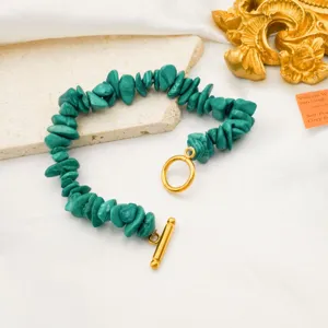 Green irregular natural stone bracelet with gold plated OT toggle clasp bohemian jewelry