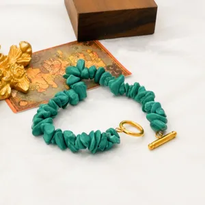 Green irregular gemstone chip bracelet with gold toggle clasp bohemian style chic jewelry