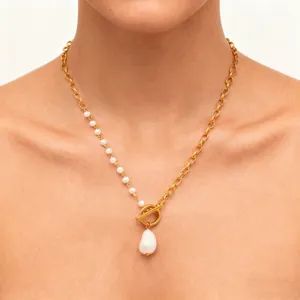 Stainless Steel Gold Plated Asymmetric OT Buckle Necklace Light Luxury Imitation Baroque Pearl Choker Jewelry For Women