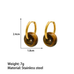 Stainless steel 18k gold plated natural tiger eye stone hoop earrings 2.4x1.8cm 7g