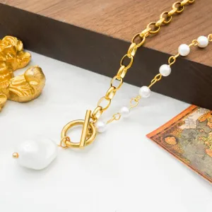 French delicate asymmetric OT clasp necklace with 18k gold plated stainless steel and baroque pearl detail