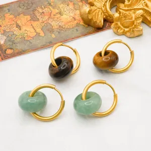 European American Style Retro Geometric Natural Stone Hoop Earrings Stainless Steel Plated 18k Gold Women Jewelry
