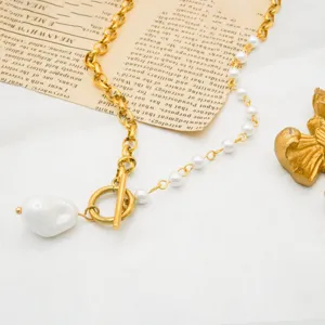 French asymmetric OT buckle pearl necklace detail, elegant gold plated stainless jewelry.