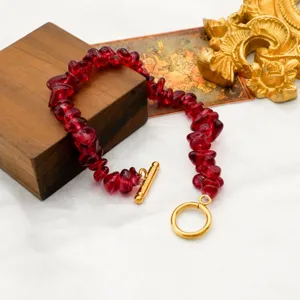 Bohemian style irregular red crushed stone bracelet with 18k gold plated OT clasp for women.