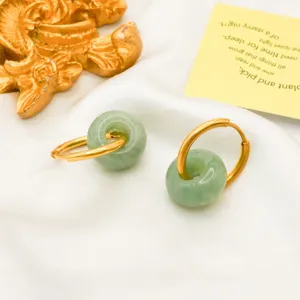 18k gold plated stainless steel hoop earrings featuring natural green jade donut pendants detail view.