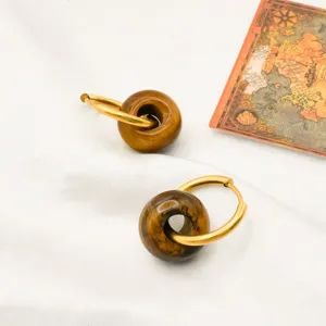 Vintage 18k gold plated stainless steel natural tiger eye stone geometric hoop earrings detail