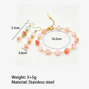Fashion pink resin cube bead bracelet and matching earrings set stainless steel