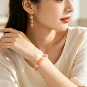 Pink resin bead earrings and bracelet set, 18k gold plated sweet commuting jewelry style.