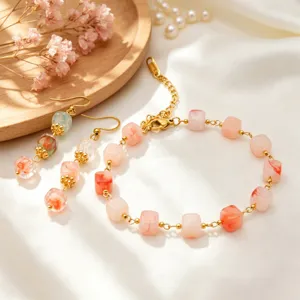 Elegant pink resin cubic bead bracelet earrings set with 18k gold plated stainless steel.