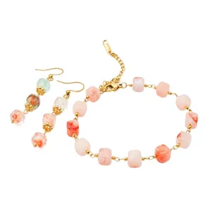 Pink resin earrings bracelet set 18k gold plated sweet style fashion jewelry main view