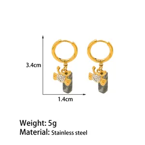 Gold stainless steel crab crystal stone hoop earrings with natural stone detail 3.4cm