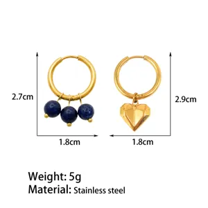 French retro asymmetrical stainless steel lapis lazuli hoop earrings 18k gold plated chic