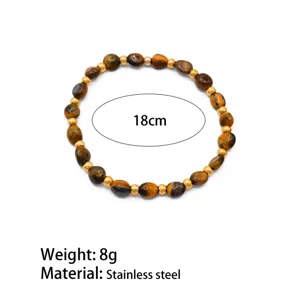 Natural tiger eye stone beaded bracelet detail shot, 18cm stainless steel fashion jewelry.