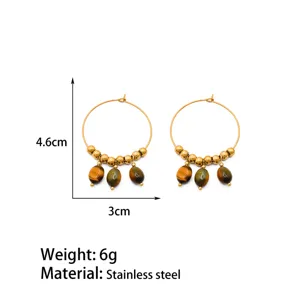 French vintage natural tiger eye stone hoop earrings stainless steel gold plated jewelry