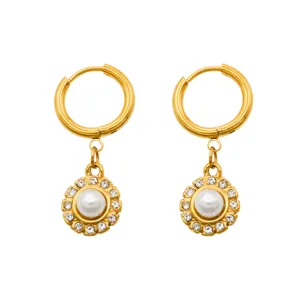 Minimalist Stainless Steel Floral Drop Earrings With Rhinestone And Artificial Pearl 18K Gold Plated Fashion Jewelry For Women