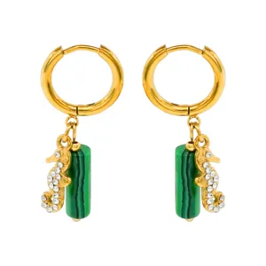 Bohemian Malachite Seahorse Drop Earrings Stainless Steel Green Stone Rhinestone Earrings Fashion Jewelry For Women