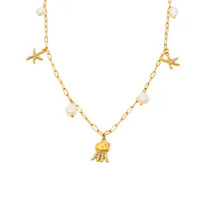 Ocean Vacation Style Stainless Steel Jellyfish Starfish Pendant Necklace Freshwater Pearl Rhinestone Gold Plated Jewelry