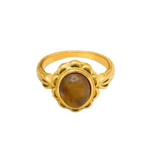 Vintage gold plated stainless steel ring with oval tiger eye stone for women fashion jewelry
