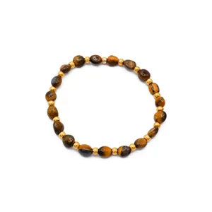Natural Stone Tiger Eye Beaded Bracelet 18K Gold Plated Stainless Steel Jewelry