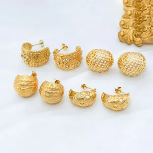 Gold plated stainless steel chunky hoop earrings with textured and mesh design for women