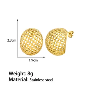 Gold stainless steel mesh dome stud earrings with geometric woven design, 2.3x1.9cm size.