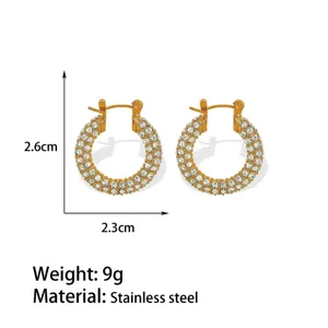 Gold stainless steel hoop earrings with crystal pavé, size 2.6x2.3cm, lightweight 9g daily wear.