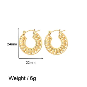 Detail view of 18k gold plated stainless steel leaf hoop earrings with dimension specs.