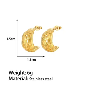 Gold stainless steel woven C-shaped hoop earrings chic minimal daily wear jewelry 1.5cm
