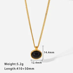 Fashion 18k gold plated titanium steel black agate oval pendant necklace with dimensions.