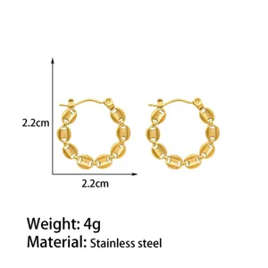 Detailed view of the gold-plated stainless steel coffee bean chain hoop earrings, 2.2cm size.