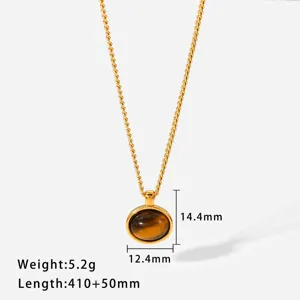 Detail view of oval tiger eye pendant necklace with size dimensions and specs, gold plated.