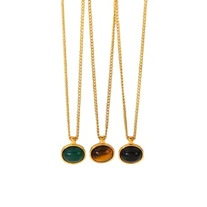 Elegant 18k gold plated titanium steel oval gemstone pendant necklace fashion jewelry set