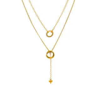 Double layer gold plated stainless steel interlocking ring necklace for women stylish