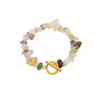 Bohemian natural gemstone chip bracelet with gold plated OT clasp, elegant fashion jewelry.