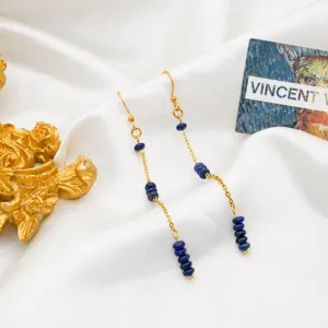Stainless steel 18K gold plated long tassel earrings featuring natural blue lapis lazuli beads.