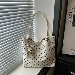 Borsa tote in tela a pois stile coreano da donna, grande borsa a spalla con ciondolo.