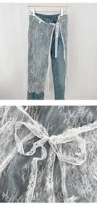 Vrouwen mode gelaagde kant rok overlay denim jeans veelzijdige zomer strik schort.