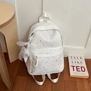 Sac à dos décontracté étoile blanche avec nœud en dentelle, cartable léger pour voyage.