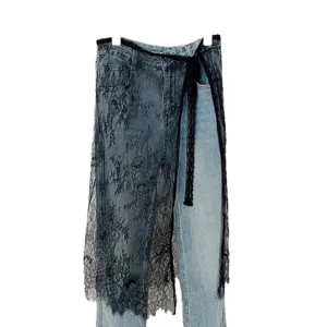 Dames jeans met zwarte kanten overrok stijlvolle transparante laagjes schort broek.