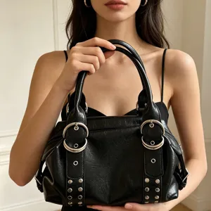 Retro black PU leather Boston handbag, vintage metal buckle shoulder bag for women detail.