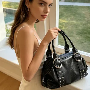 Black PU leather Boston shoulder bag with metal ring buckles and vintage rivet design.