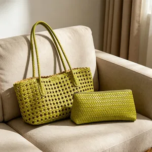 Women Hollow Woven Beach Bag PU Leather Tote Bag Fashion Solid Color Single Shoulder Bag Summer Vacation Handbag