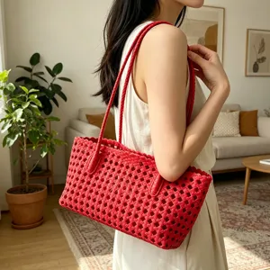 Red woven hollow out beach bag summer shoulder tote bag casual vacation handbag for women