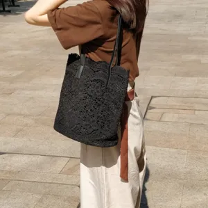 Borsa shopper in pizzo nero da donna, elegante borsa a spalla, grande borsa casual per spesa.