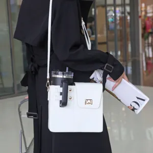 Crossbody shoulder bag with cup holder portable outdoor travel casual white PU leather handbag