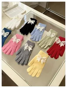 French pearl lace bow knitted gloves detail, cozy winter five finger wear for women.